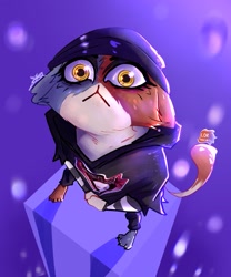 Size: 2015x2427 | Tagged: safe, artist:lorpancakes, meow skulls (fortnite), calico, cat, feline, mammal, anthro, epic games, fortnite, 2022, absurd resolution, artist logo, artist name, backlighting, barefoot, beanie, big pupils, bird's-eye view, black claws, black clothing, bottomwear, brown body, brown fur, claws, clothes, denim, denim clothing, dilated pupils, eyeshadow, feet, female, fur, gray body, gray fur, hands together, hat, headgear, headwear, high angle, high res, hoodie, jeans, jewelry, light, lighting, logo, looking at you, looking up, looking up at viewer, makeup, mottled, multicolored body, multicolored fur, necklace, pants, perspective, piebald, print clothing, print topwear, pupils, purple background, ripped jeans, ripped pants, shaded, simple background, solo, solo female, sparkling eyes, standing, striped sleeves, topwear, torn bottomwear, torn clothes, torn pants, video game, wallet chain, white body, white fur, wide eyes, yellow eyes