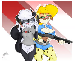 Size: 1280x1046 | Tagged: safe, artist:marshall-fox, oc, oc:dixie carlisle, feline, lynx, mammal, anthro, plantigrade anthro, 2021, 4 fingers, big breasts, black body, black fur, blue eyes, breasts, cleavage, clothes, crop top, digital art, duo, duo female, female, females only, fur, glasses, gun, hair, holding, holding object, looking at each other, shirt, short skirt, shotgun, smiling, spots, spotted fur, standing, t-shirt, topwear, weapon, white body, white fur, white hair, yellow body, yellow fur