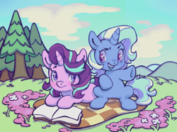 Size: 1134x842 | Tagged: safe, artist:fluttershyweed, starlight glimmer (mlp), trixie (mlp), equine, fictional species, mammal, pony, unicorn, feral, friendship is magic, hasbro, my little pony, 2022, book, chibi, cloud, cute, duo, duo female, female, females only, flower, grass, horn, looking at each other, looking at someone, lying down, mare, open mouth, outdoors, picnic, picnic blanket, plant, prone, sitting, tail, tree