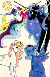 Size: 640x973 | Tagged: safe, artist:nomnomgator, nightmare moon (mlp), princess celestia (mlp), princess luna (mlp), alicorn, equine, fictional species, mammal, pony, feral, friendship is magic, hasbro, my little pony, reddit, 2022, crown, crying, cutie mark, duo, duo female, ethereal mane, feathered wings, feathers, female, females only, headwear, horn, jewelry, mare, marker, marker drawing, necklace, peytral, regalia, royal sisters (mlp), siblings, simple background, sister, sisters, tail, traditional art, wings, wrong eye color