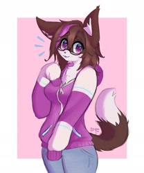 Size: 1674x2012 | Tagged: safe, artist:buupnya, canine, dog, mammal, anthro, 2022, black nose, border, breasts, brown body, brown fur, brown hair, chest fluff, clothes, ear fluff, female, fluff, fur, glasses, hair, hoodie, jeans, multicolored fur, pants, purple clothing, purple eyes, purple hoodie, signature, solo, solo female, tail, tail fluff, topwear, two toned body, two toned fur, white body, white border, white fur