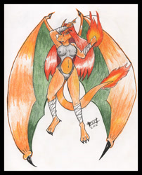 Size: 724x894 | Tagged: suggestive, artist:reddragonkan, oc, oc only, charizard, fictional species, reptile, anthro, nintendo, pokémon, female, green eyes, hair, nipple outline, red hair, scales, simple background, solo, solo female, starter pokémon, traditional art