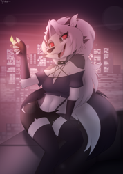 Size: 1285x1800 | Tagged: safe, artist:funktilda, loona (vivzmind), canine, fictional species, hellhound, mammal, anthro, digitigrade anthro, hazbin hotel, helluva boss, 2022, bottomwear, breasts, clothes, collar, crop top, ear piercing, earring, ears, female, fingerless gloves, gloves, gray hair, hair, lighter, long hair, open mouth, open smile, piercing, short shorts, shorts, skyline, smiling, solo, solo female, spiked collar, tail, thighs, topwear