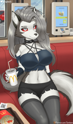 Size: 1979x3353 | Tagged: safe, artist:loginaz, loona (vivzmind), canine, fictional species, hellhound, mammal, anthro, hazbin hotel, helluva boss, mcdonald's, 2022, breasts, clothes, ear fluff, female, fluff, gray hair, hair, huge breasts, long hair, looking at you, smiling, smiling at you, solo, solo female, tail, tail fluff, thighs