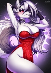 Size: 2527x3573 | Tagged: safe, artist:ikstina, loona (vivzmind), canine, fictional species, hellhound, mammal, anthro, hazbin hotel, helluva boss, 2022, bottomwear, breasts, cleavage, clothes, dress, ear fluff, female, fluff, hair, huge breasts, long hair, side slit, silver hair, solo, solo female, tail, tail fluff, thick thighs, thighs, total sideslit
