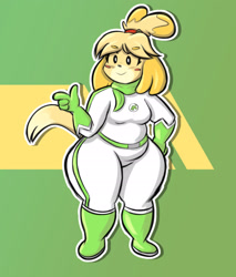 Size: 1638x1926 | Tagged: suggestive, artist:syrupsunset, isabelle (animal crossing), canine, dog, mammal, shih tzu, anthro, animal crossing, mario (series), mario kart, nintendo, 2021, 4 fingers, abstract background, big belly, black outline, blush sticker, boots, breasts, clothes, fat, fat fetish, female, finger guns, fur, gloves, hair, hair tie, hand on hip, huge thighs, outline, overweight, racing suit, shoes, small breasts, smiling, solo, solo female, white outline, wide hips, yellow body, yellow fur