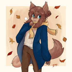 Size: 2048x2048 | Tagged: safe, artist:buupnya, canine, dog, mammal, anthro, clothes, falling leaves, scarf, solo