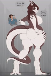 Size: 2731x4096 | Tagged: suggestive, artist:dragons and drawings, dragon, fictional species, human, mammal, anthro, breasts, butt, female, female focus, hand on butt, horns, huge breasts, huge butt, looking back, male, post vore, sentient fat, solo focus, tail, thick thighs, thighs, vore, wide hips