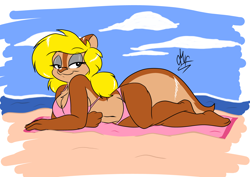 Size: 1754x1240 | Tagged: suggestive, artist:marshall-fox, oc, oc:amy the squirrel, mammal, rodent, squirrel, anthro, plantigrade anthro, 2015, beach, beach towel, belly button, big breasts, bikini, blonde hair, breasts, brown body, brown fur, cleavage, cleavage fluff, clothes, digital art, feet, female, fluff, fur, hair, hands, lying down, on side, sand, sideboob, sky, solo, solo female, swimsuit, tail, tan body, tan fur, towel, two toned body