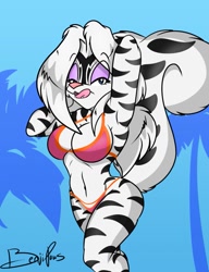 Size: 985x1280 | Tagged: suggestive, artist:marshall-fox, oc, oc:zigzag, hybrid, anthro, plantigrade anthro, 2017, arm behind head, belly button, big breasts, big tail, bikini, black stripes, blue background, breasts, cleavage, clothes, eyebrow through hair, eyebrows, eyeshadow, female, fur, gradient background, hair, hand on cheek, licking, licking lips, looking at you, makeup, palm tree, pinup, plant, posing, purple eyeshadow, raised eyebrows, raised tail, simple background, solo, solo female, standing, striped fur, swimsuit, tail, teeth, tongue, tongue out, tree, white body, white fur, white hair