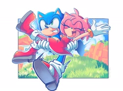 Size: 2048x1523 | Tagged: safe, artist:jeffreykilljoy, amy rose (sonic), sonic the hedgehog (sonic), hedgehog, mammal, anthro, sega, sonic the hedgehog (series), 2022, 2d, carrying, cute, duo, duo male and female, eyes closed, female, male, male/female, open mouth, open smile, shipping, smiling, sonamy (sonic)