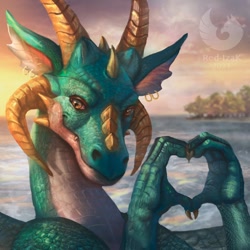 Size: 1000x1000 | Tagged: safe, artist:red-izak, dragon, fictional species, western dragon, anthro, 2022, ambiguous gender, heart hands, horns, looking at you, scales, smiling, smiling at you, solo, solo ambiguous, water