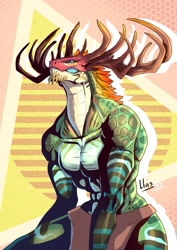 Size: 905x1280 | Tagged: safe, artist:lluisabadias, dragonborn, fictional species, reptile, anthro, dungeons & dragons, abs, antlers, male, muscles, muscular male, pecs, scales, solo, solo male
