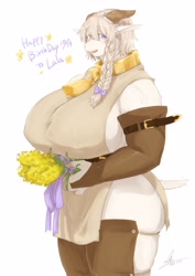 Size: 2122x3000 | Tagged: safe, artist:ch4_n2o, bovid, cattle, cow, mammal, anthro, bobcut, bouquet, braid, breasts, collar, cowbell, female, hair, horns, huge breasts, loose hair, solo, solo female, thick thighs, thighs, wide hips