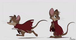 Size: 1280x674 | Tagged: safe, artist:aseethe, mrs. brisby (the secret of nimh), mammal, mouse, rodent, semi-anthro, sullivan bluth studios, the secret of nimh, 2d, cape, duality, female, field mouse, murine, running, sol, solo, solo female