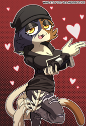 Size: 2900x4232 | Tagged: safe, artist:barryfactory, meow skulls (fortnite), calico, cat, feline, mammal, anthro, fortnite, beanie, bottomwear, calico cat, clothes, ear piercing, female, fur, heart, high res, hoodie, looking at you, multicolored fur, open mouth, pants, piercing, solo, topwear, torn clothes, torn pants, video game