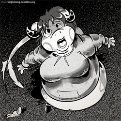 Size: 2560x2560 | Tagged: safe, artist:xinjinmeng, oc, oc only, oc:veronica the koi dragon, dragon, fictional species, anthro, belly, black and white, fat, food, grayscale, ice cream, ice cream cone, monochrome, wonder