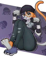 Size: 2300x3000 | Tagged: safe, artist:holyrocy, meow skulls (fortnite), calico, cat, feline, mammal, anthro, epic games, fortnite, 5 fingers, barefoot, beanie, bottomwear, clothes, female, fur, high res, hoodie, looking at you, multicolored fur, pants, sitting, solo, solo female, topwear, video game