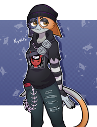 Size: 2300x3000 | Tagged: safe, artist:holyrocy, meow skulls (fortnite), calico, cat, feline, mammal, anthro, epic games, fortnite, beanie, bottomwear, cell phone, clothes, ear piercing, female, fur, high res, hoodie, multicolored fur, pants, phone, piercing, sleeves, smartphone, solo, solo female, striped armwear, topwear, video game