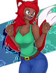 Size: 2300x3000 | Tagged: safe, artist:holyrocy, artist:spring tanuki, zoologist (terraria), canine, fox, mammal, anthro, terraria, 2022, belt, blue pants, bottomwear, clothes, dark skin, female, fur, high res, open mouth, pants, skin, solo, solo female, tail, tank top, topwear, video game
