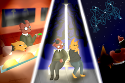 Size: 2400x1600 | Tagged: safe, artist:drawingismytherapy, angus delaney (nitw), gregg lee (nitw), bear, canine, fox, mammal, anthro, night in the woods, male, same height
