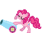 Size: 164x112 | Tagged: safe, pinkie pie (mlp), earth pony, equine, fictional species, mammal, pony, feral, friendship is magic, hasbro, my little pony, animated, female, gif, low res, mare, party cannon, pixel animation, pixel art, simple background, solo, solo female, transparent background
