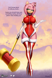 Size: 800x1200 | Tagged: suggestive, artist:tailsrulz, amy rose (sonic), hedgehog, mammal, anthro, plantigrade anthro, sega, sonic the hedgehog (series), boots, clothes, female, footwear, high heels, legwear, leotard, shoes, solo, solo female, thigh high boots