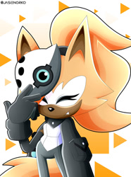 Size: 1024x1378 | Tagged: safe, artist:jasienorko, whisper the wolf (sonic), canine, mammal, wolf, anthro, idw sonic the hedgehog, sega, sonic the hedgehog (series), 2019, abstract background, black gloves, black nose, cape, clothes, digital art, eyes closed, fangs, female, gloves, hair, hair accessory, hair over one eye, high res, mask, ponytail, sharp teeth, solo, solo female, teeth, watermark