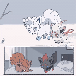 Size: 600x600 | Tagged: safe, alternate version, artist:mikripkm, alolan vulpix, fictional species, hisuian zorua, vulpix, zorua, feral, nintendo, pokémon, 2022, 2d, 2d animation, ambiguous gender, ambiguous only, animated, bed, bedroom, bedroom eyes, behaving like a fox, detailed background, digital art, duo, duo ambiguous, ears, fluff, fur, gif, hair, indoors, jumping, lying down, lying on bed, neck fluff, on bed, on model, paws, pillow, snow, tail, thighs, unamused