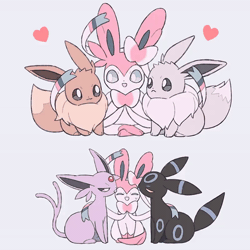 Size: 600x600 | Tagged: safe, alternate version, artist:mikripkm, eevee, eeveelution, espeon, fictional species, mammal, shiny pokémon, sylveon, umbreon, feral, nintendo, pokémon, 2022, 2d, 2d animation, ambiguous gender, ambiguous only, animated, bedroom eyes, cheek kiss, digital art, ears, fluff, fur, gif, group, heart, licking, loafing, lying down, neck fluff, on model, paws, prone, ribbons (body part), simple background, sitting, tail, tail wag, thighs, tongue, tongue out, trio, trio ambiguous