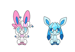Size: 500x349 | Tagged: safe, artist:robosylveon, eeveelution, fictional species, glaceon, mammal, sylveon, feral, nintendo, pokémon, 2d, 2d animation, ambiguous gender, ambiguous only, animated, blue sclera, colored sclera, digital art, duo, duo ambiguous, ears, fur, gif, looking at each other, paws, ribbons (body part), simple background, tail, talking, thighs, unamused, walking