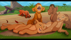 Size: 1024x582 | Tagged: safe, artist:hn310, mufasa (the lion king), sarabi (the lion king), sarafina (the lion king), scar (the lion king), big cat, feline, lion, mammal, feral, disney, the lion guard, the lion king, cub, eyes closed, female, group, laughing, letterboxing, lioness, male, open mouth, open smile, paw pads, paws, pride rock (the lion king), smiling, young, younger