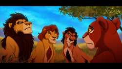 Size: 1595x900 | Tagged: safe, artist:x-zelfa, ahadi (the lion king), mufasa (the lion king), scar (the lion king), uru (the lion king), big cat, feline, lion, mammal, feral, disney, the lion king, family, female, group, letterboxing, lioness, male