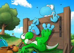 Size: 1280x905 | Tagged: artist needed, safe, yoshi (mario), oc, oc:azul, fictional species, yoshi (species), anthro, plantigrade anthro, mario (series), nintendo, barefoot, feet, fetish, foot fetish, foot focus, shoes removed, soles, tickling, toes