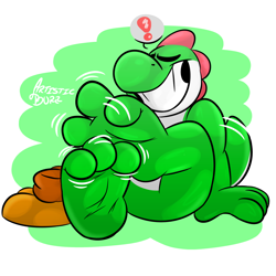 Size: 1000x1000 | Tagged: safe, artist:theartisticburr, yoshi (mario), fictional species, yoshi (species), anthro, plantigrade anthro, mario (series), nintendo, barefoot, feet, fetish, foot fetish, foot focus, shoes removed, soles, toes, wiggling toes