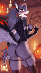 Size: 844x1500 | Tagged: safe, artist:alanscampos, loona (vivzmind), canine, fictional species, hellhound, mammal, anthro, hazbin hotel, helluva boss, 2022, big breasts, big butt, breasts, butt, clothes, ear fluff, female, fluff, halloween, holiday, jack-o-lantern, looking at you, looking back, looking back at you, pumpkin, smiling, smiling at you, solo, solo female, tail, tail fluff, thick thighs, thighs