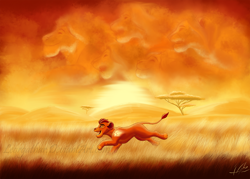 Size: 1260x900 | Tagged: safe, artist:leorgathar, kion (the lion guard), mufasa (the lion king), big cat, feline, lion, mammal, feral, disney, the lion guard, the lion king, 2d, cloud, cub, male, plant, running, solo focus, sunrise, tree, young