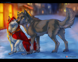 Size: 1200x948 | Tagged: safe, artist:foxinajacket, balto (balto), jenna (balto), canine, dog, husky, hybrid, mammal, wolf, wolfdog, feral, balto (series), universal pictures, 2d, duo, duo male and female, female, looking at each other, male, male/female, shipping, smiling, snow