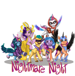 Size: 1024x1040 | Tagged: safe, artist:zsnowfilez, hitch trailblazer (mlp), izzy moonbow (mlp), misty (mlp g5), nightmare moon (mlp), pipp petals (mlp), sunny starscout (mlp), zipp storm (mlp), earth pony, equine, fictional species, mammal, pegasus, pony, unicorn, friendship is magic, hasbro, my little pony, my little pony g5, spoiler, spoiler:my little pony g5, spoiler:my little pony: tell your tale, spoiler:tyts01e30, clothes, cosplay, costume, fake horn, fake wings, female, flying, glasses, hoof shoes, hooves, male, mane five (g5), mare, mask, my little pony: tell your tale, necktie, nightmare moon armor, nightmare night costume, nightmare night party, nightmare sunny, simple background, stallion, sunglasses, transparent background, underhoof, unshorn fetlocks