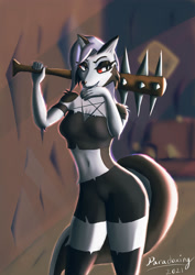 Size: 1280x1811 | Tagged: safe, artist:paradoxing5, loona (vivzmind), canine, fictional species, hellhound, mammal, anthro, hazbin hotel, helluva boss, 2021, baseball bat, bedroom eyes, belly button, black nose, bottomwear, breasts, clothes, collar, colored sclera, digital art, ears, eyelashes, female, hair, legwear, red sclera, shorts, simple background, solo, solo female, spiked collar, spikes, stockings, tail, tank top, thighs, topwear, wide hips