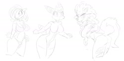 Size: 1746x863 | Tagged: suggestive, artist:flutterthrash, arcanine, eeveelution, fictional species, gardevoir, mammal, umbreon, anthro, nintendo, pokémon, 2022, belly button, bent over, bikini, breasts, butt, clothes, digital art, ears, eyelashes, female, females only, fur, hair, monochrome, nudity, open mouth, presenting, rear view, sideboob, simple background, sketch, swimsuit, tail, thighs, tongue, trio, trio female, white background, wide hips, work in progress