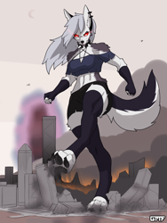 Size: 3000x4000 | Tagged: safe, artist:gasmaskfox, loona (vivzmind), canine, fictional species, hellhound, mammal, anthro, digitigrade anthro, helluva boss, aircraft, black shorts, bottomwear, building, city, clothes, crop top, female, fingerless gloves, fire, giantess, gloves, glowing, glowing eyes, helicopter, high res, macro, red eyes, ruins, shorts, skyscraper, smoke, solo, solo female, topwear, vehicle
