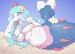 Size: 1280x921 | Tagged: suggestive, artist:snackbunnii, oc, oc only, fictional species, primarina, anthro, semi-anthro, nintendo, pokémon, 2022, belly button, big breasts, bikini, bikini top, breasts, clothes, digital art, ears, eyelashes, female, fur, hair, pink nose, pose, slightly chubby, solo, solo female, starter pokémon, swimsuit, tail, thighs, wide hips