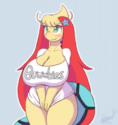 Size: 1210x1280 | Tagged: suggestive, artist:snackbunnii, oc, oc only, fictional species, milotic, anthro, nintendo, pokémon, 2022, big breasts, bottomless, breasts, clothes, covering crotch, digital art, ears, eyelashes, female, fur, hair, nudity, partial nudity, pose, shirt, solo, solo female, tail, thighs, topwear, wide hips