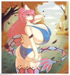 Size: 1206x1280 | Tagged: safe, artist:snackbunnii, oc, oc only, fictional species, milotic, anthro, nintendo, pokémon, 2022, bikini, breasts, butt, clothes, digital art, ears, eyelashes, female, fur, hair, huge breasts, looking at you, looking back, looking back at you, pose, rear view, sideboob, solo, solo female, swimsuit, tail, thighs, wide hips