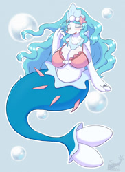 Size: 930x1280 | Tagged: safe, artist:snackbunnii, oc, oc only, fictional species, primarina, anthro, semi-anthro, nintendo, pokémon, 2022, belly button, bikini, bikini top, breasts, clothes, digital art, ears, eyelashes, eyes closed, female, hair, huge breasts, open mouth, pink nose, pose, solo, solo female, starter pokémon, swimsuit, tail, thighs, tongue, underwater, water, wide hips