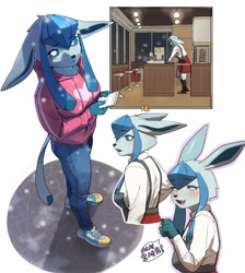 Size: 3039x3398 | Tagged: safe, artist:gudlmok99, eeveelution, fictional species, glaceon, mammal, anthro, nintendo, pokémon, apron, barista, blushing, bottomwear, clothes, female, hoodie, pants, shoes, solo, solo female, topwear