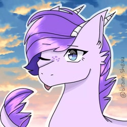Size: 1080x1080 | Tagged: safe, artist:malikaulfah12, oc, oc only, oc:crystal clarity, dracony, dragon, equine, fictional species, hybrid, mammal, pony, feral, friendship is magic, hasbro, my little pony, 2022, bust, female, interspecies offspring, kilalaverse, offspring, one eye closed, outline, parent:rarity (mlp), parent:spike (mlp), parents:sparity (mlp), signature, solo, solo female, tongue, tongue out, winking