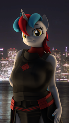 Size: 2160x3840 | Tagged: artist needed, source needed, safe, oc, oc only, oc:audina puzzle, equine, fictional species, mammal, pony, unicorn, anthro, friendship is magic, hasbro, my little pony, 2022, 3d, breasts, city, cityscape, clothes, costume, digital art, eyelashes, high res, horn, nail polish, night, outfit, sleeveless, smiling, solo, source filmmaker