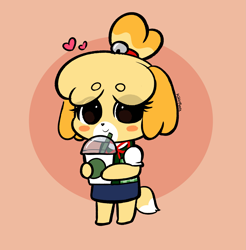Size: 3273x3328 | Tagged: safe, artist:itskittyrosie, isabelle (animal crossing), canine, dog, mammal, shih tzu, anthro, animal crossing, nintendo, 2022, barefoot, big eyes, black eyes, black nose, blush sticker, bottomwear, clothes, coffee cup, eye through hair, eyelashes, female, fur, hair, hair tie, heart, high res, holding, holding object, looking at you, multicolored tail, shirt, signature, skirt, smiling, smiling at you, solo, solo female, tail, text, topwear, two toned tail, white tail, yellow body, yellow fur, yellow tail